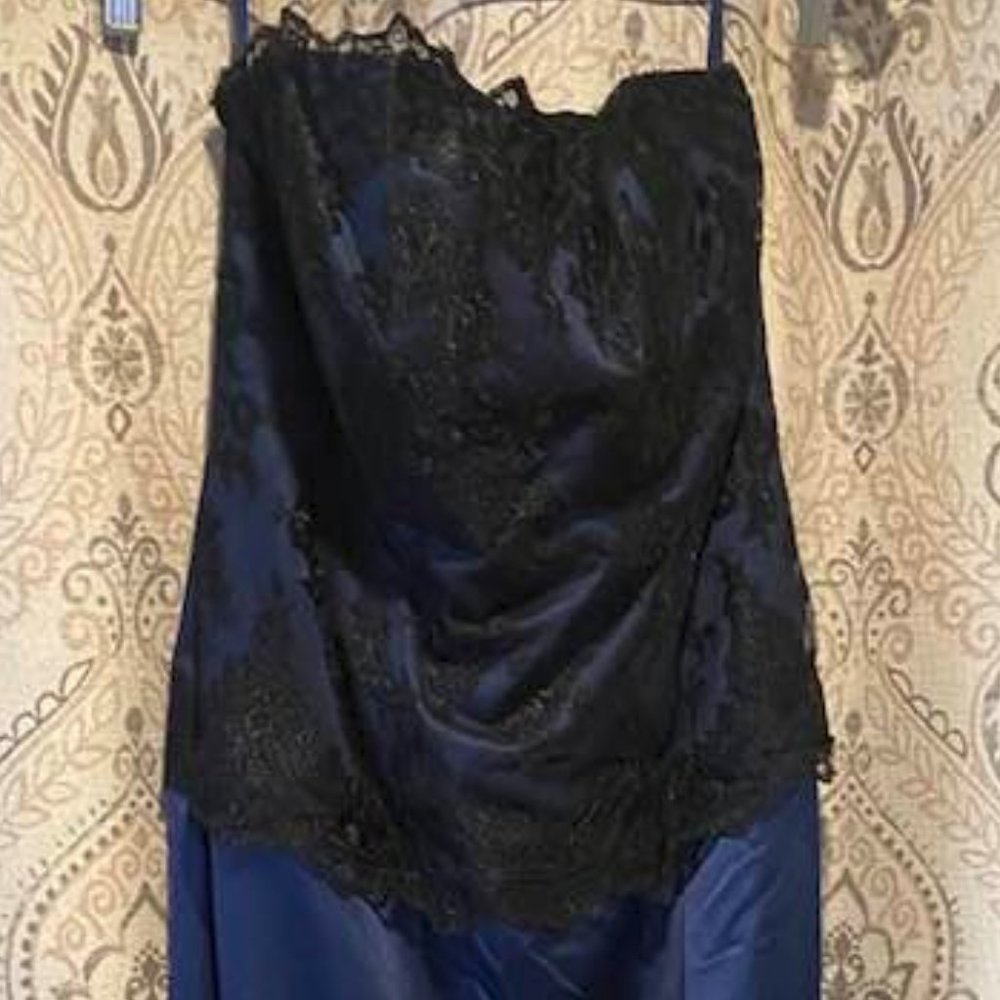 Alexia Designs Navy Blue Lace-top Strapless Gown, L